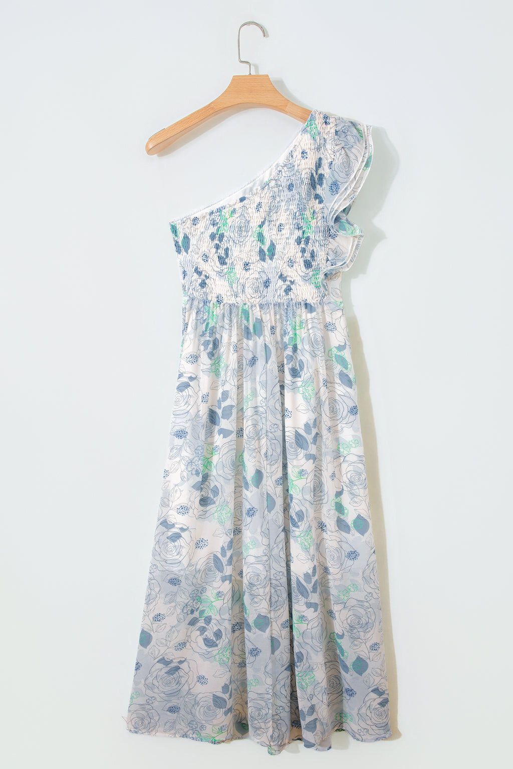 Sky Blue Floral Print Ruffled One Shoulder Vacation Maxi Dress