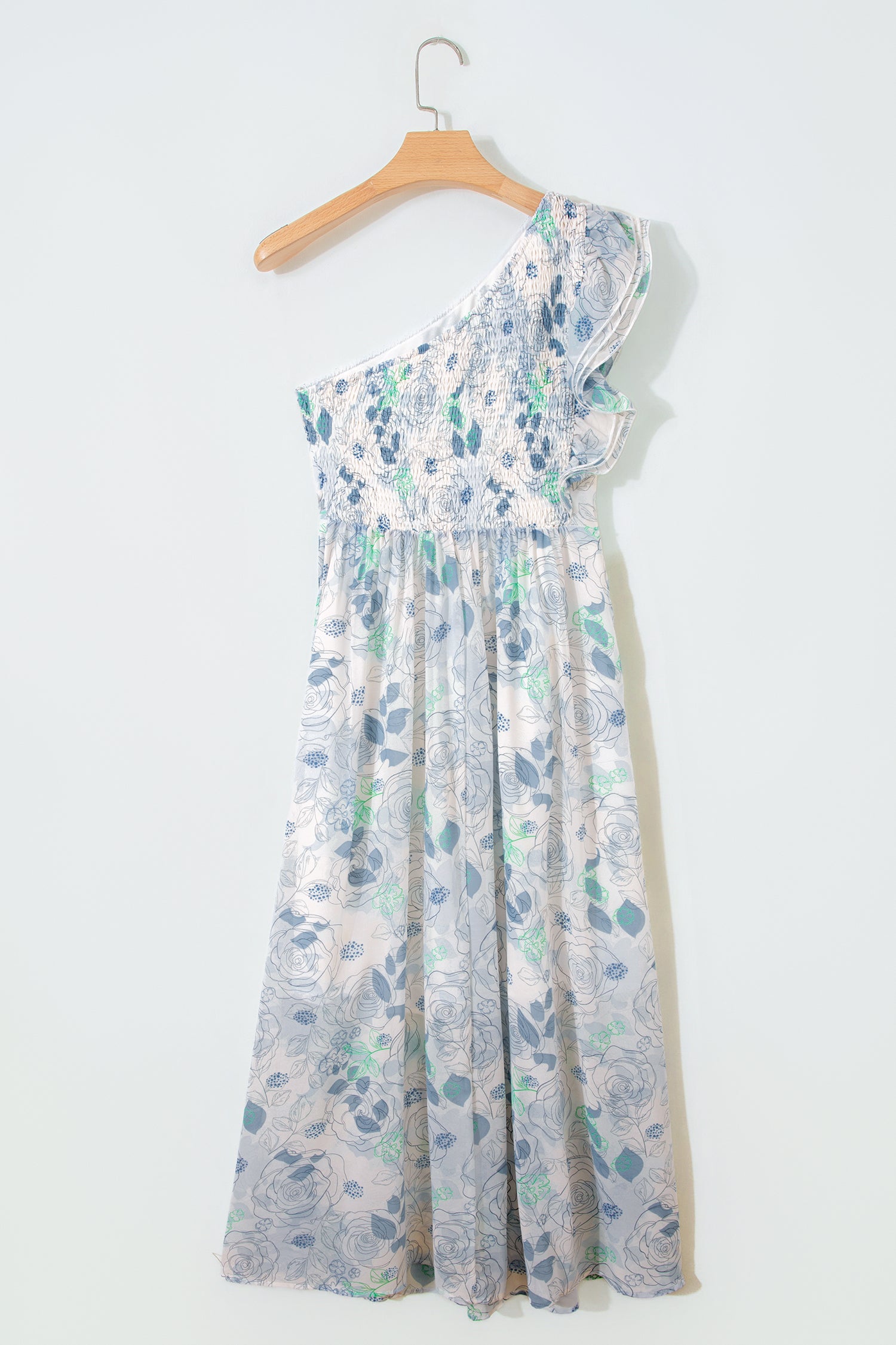 Sky Blue Floral Print Ruffled One Shoulder Vacation Maxi Dress