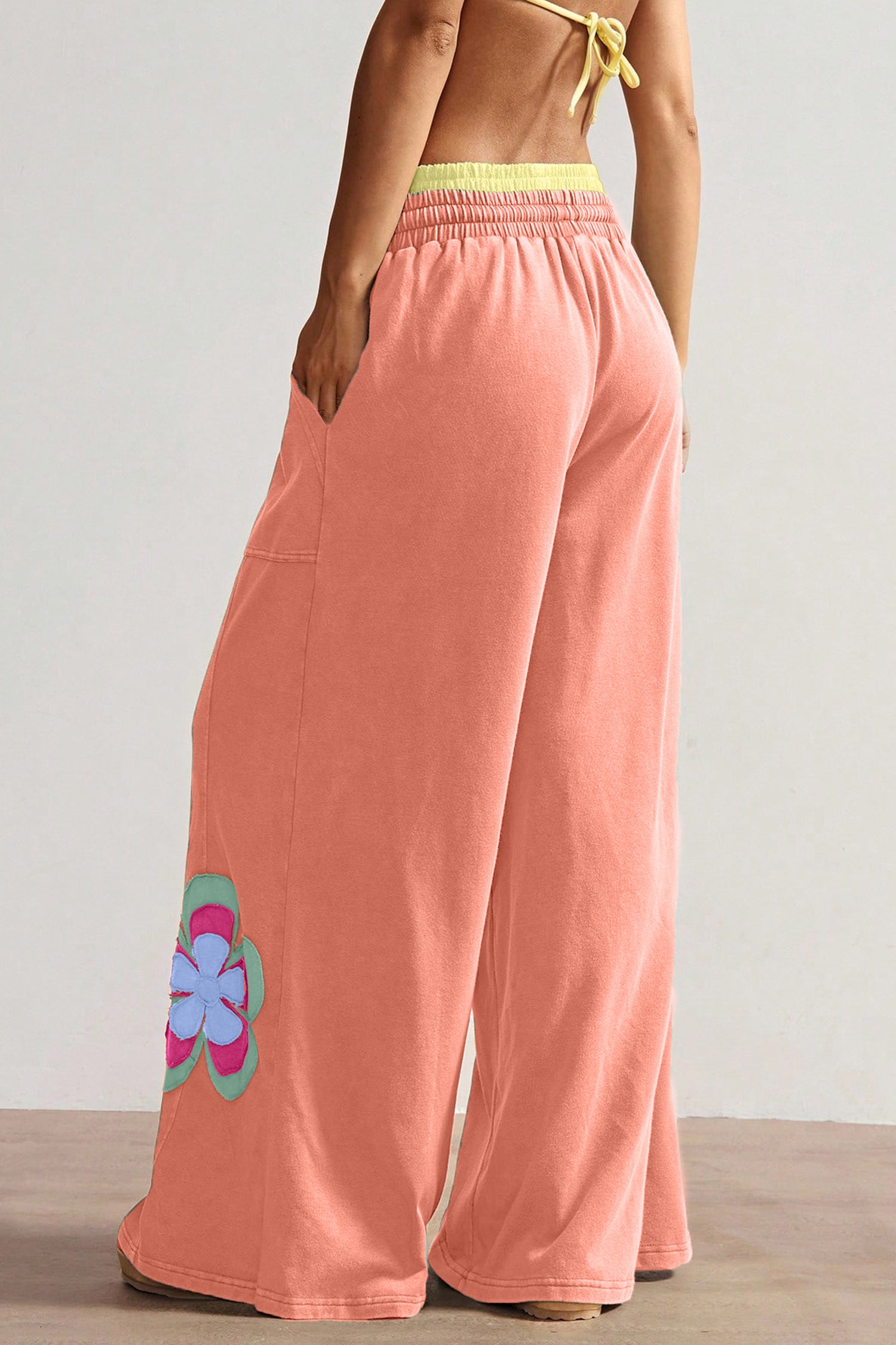 Sea Green Color Block Flower Patchwork Drawstring Contrasted Elastic Waist Wide Leg Pants