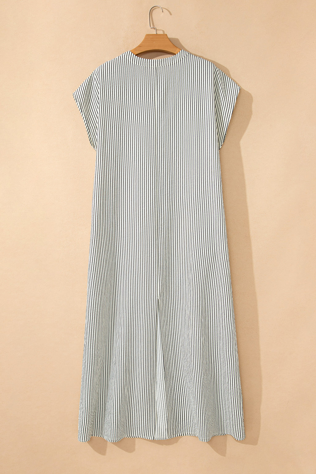Black Stripe Frilled Detail Half Buttons Short Sleeve Long Dress
