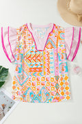 Rose Plus Size Geometric Print Contrast Trim Striped V Neck Blouse
