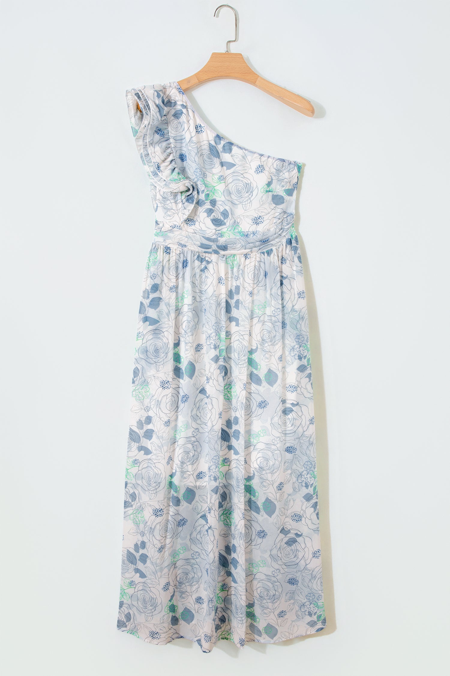 Sky Blue Floral Print Ruffled One Shoulder Vacation Maxi Dress