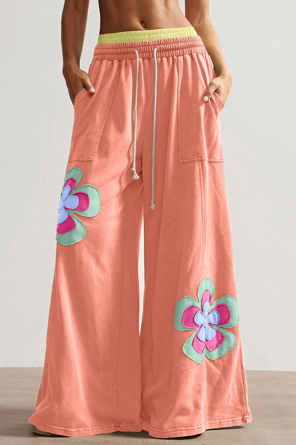 Sea Green Color Block Flower Patchwork Drawstring Contrasted Elastic Waist Wide Leg Pants