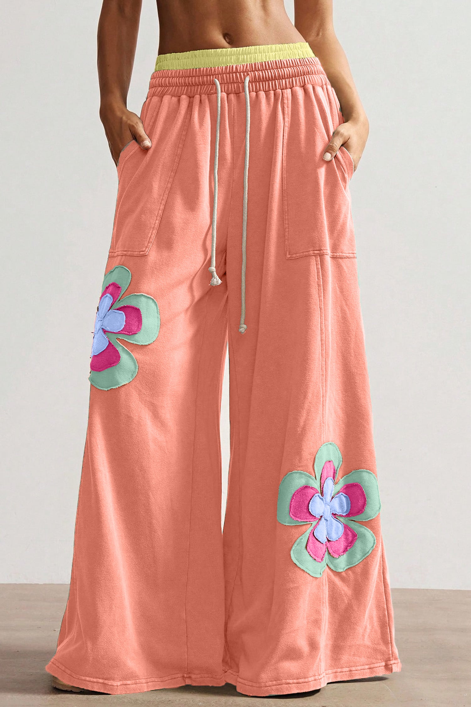Sea Green Color Block Flower Patchwork Drawstring Contrasted Elastic Waist Wide Leg Pants