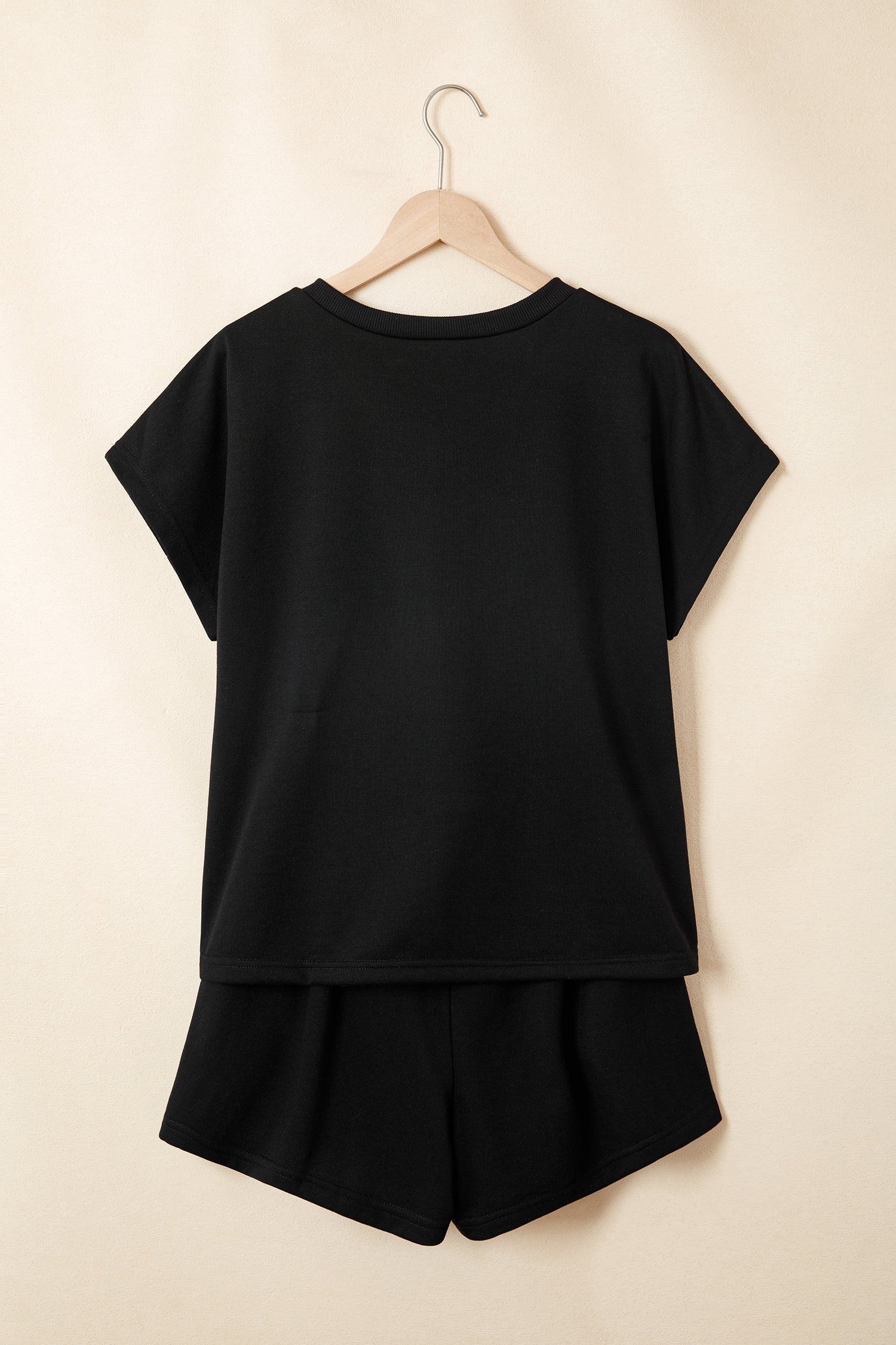 Black Contrast Leopard Bow Patched V Neck Loose Tee Drawstring Shorts 2pcs Outfit