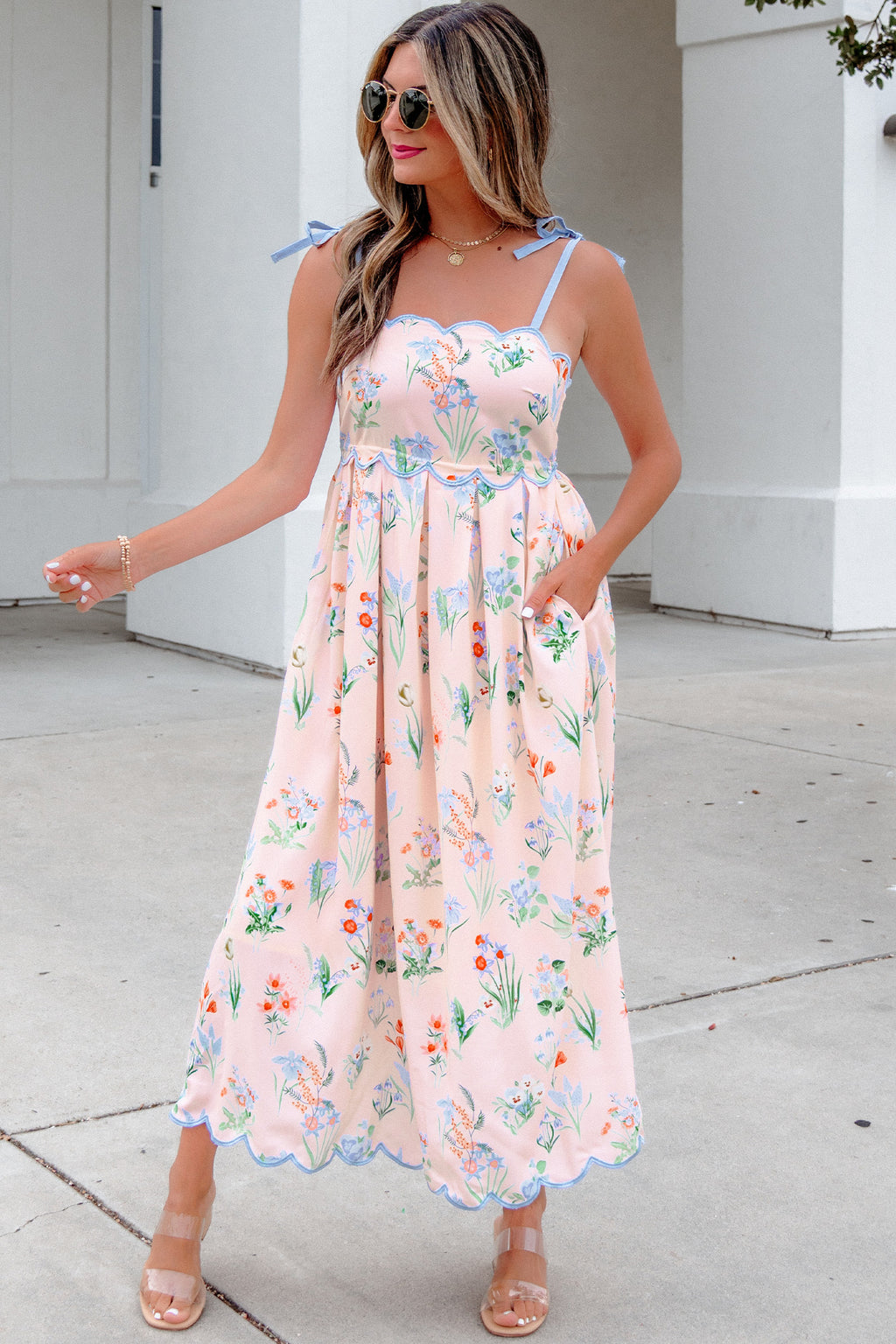 Pink Floral Print Contrast Trim Self-tie Straps High Waist Midi Dress