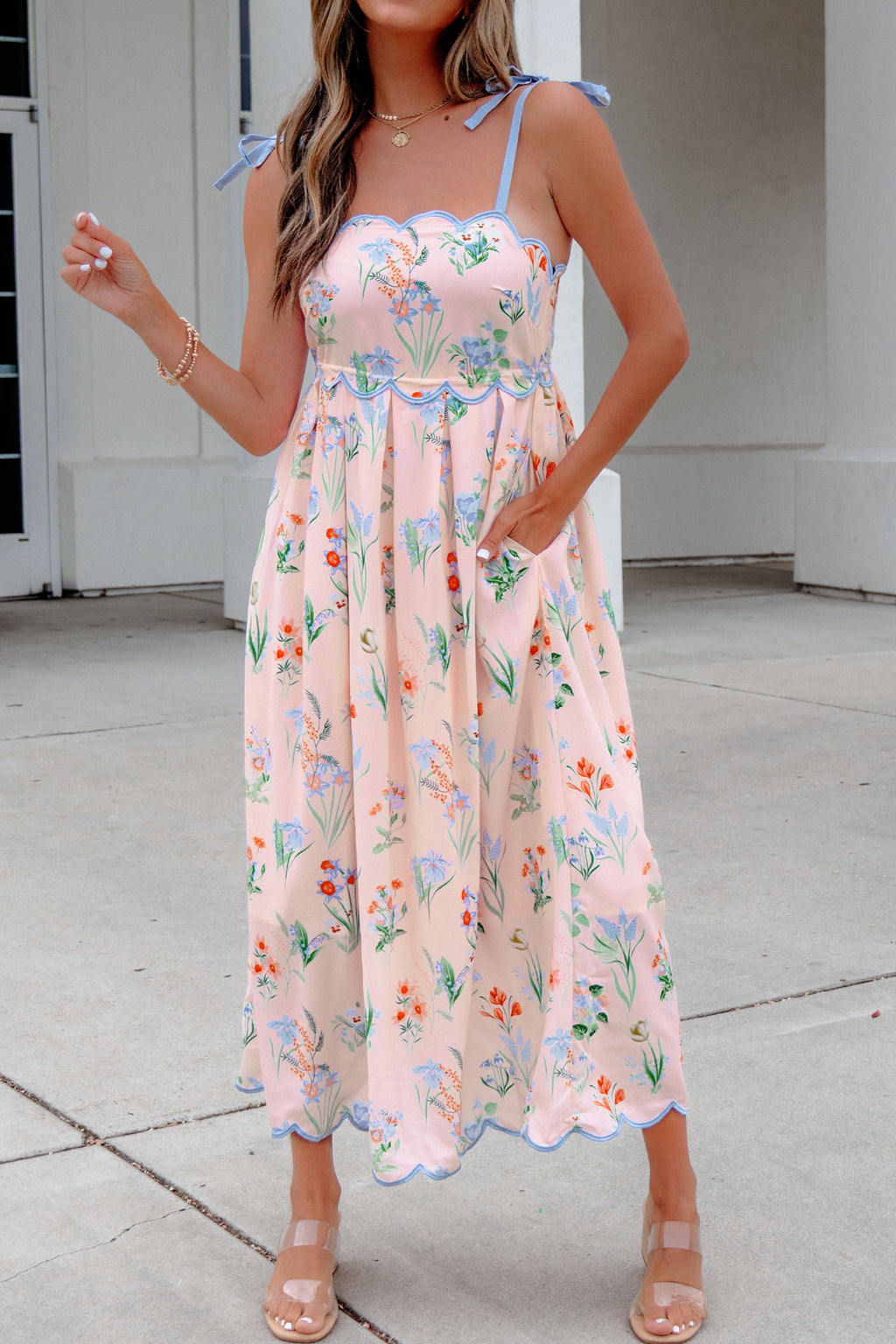 Pink Floral Print Contrast Trim Self-tie Straps High Waist Midi Dress