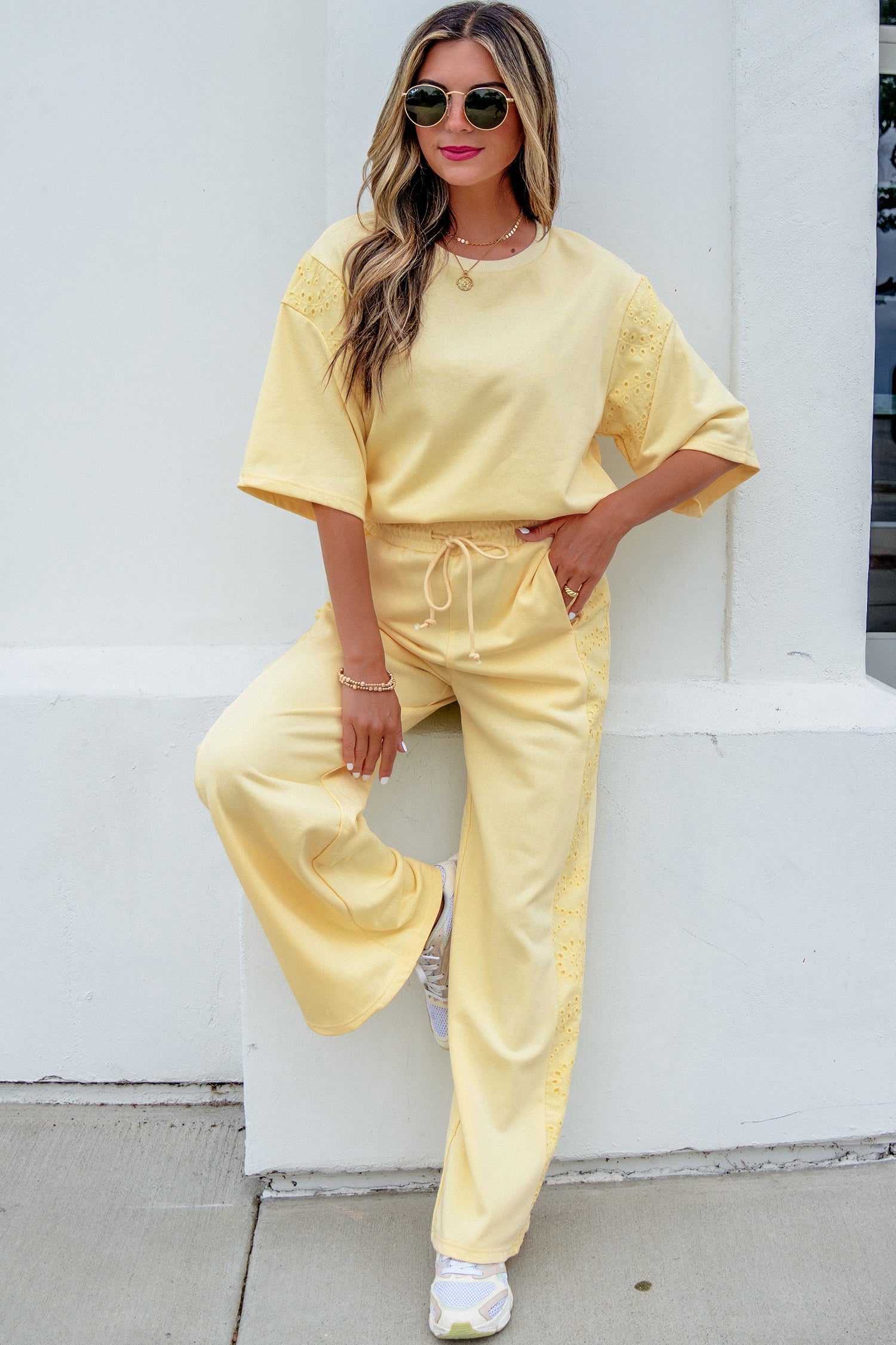Yellow Cream Lace Patchwork Half Sleeve Top Elastic Waist Pants Two Piece Set