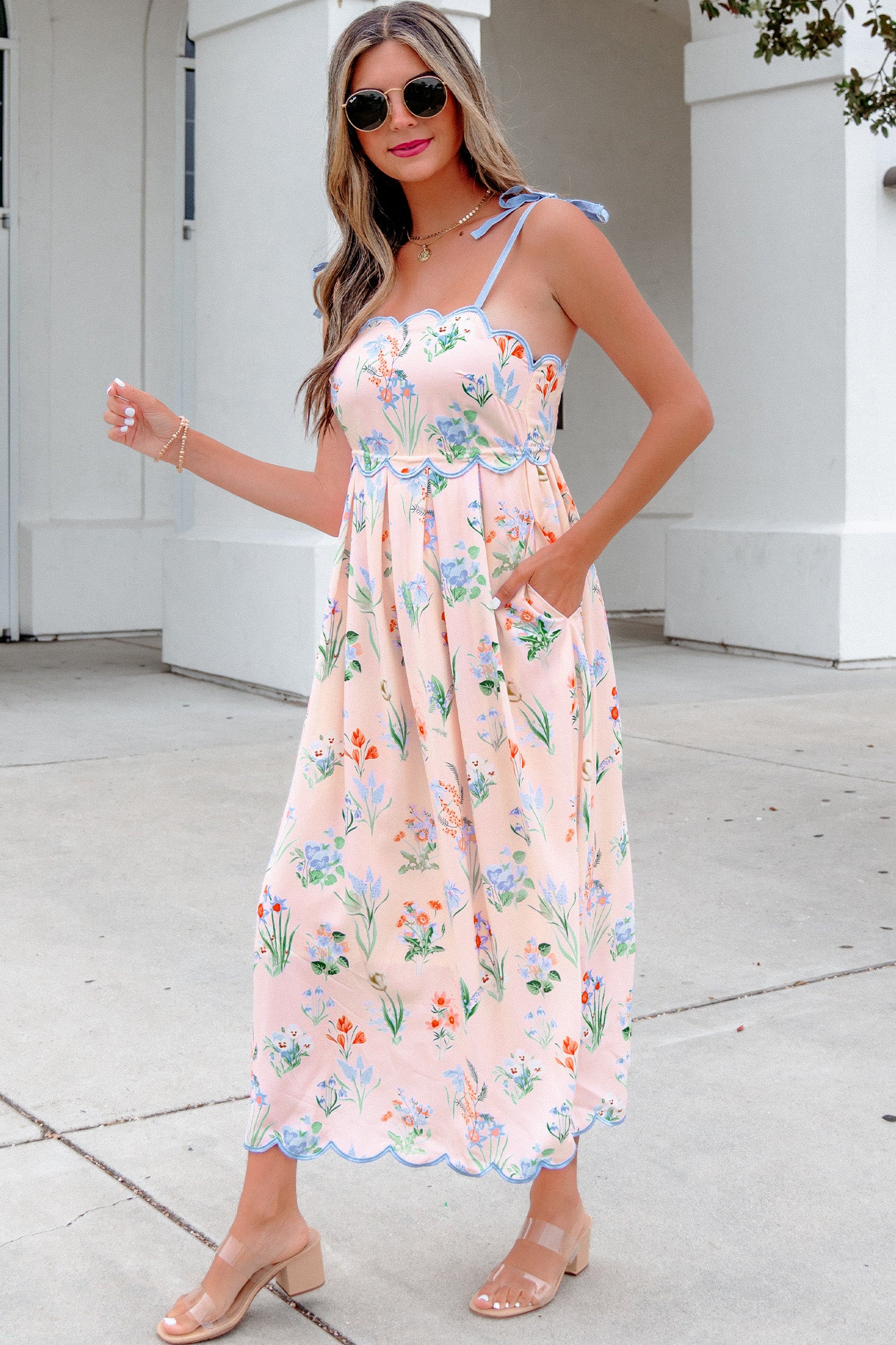 Pink Floral Print Contrast Trim Self-tie Straps High Waist Midi Dress