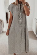 Black Stripe Frilled Detail Half Buttons Short Sleeve Long Dress