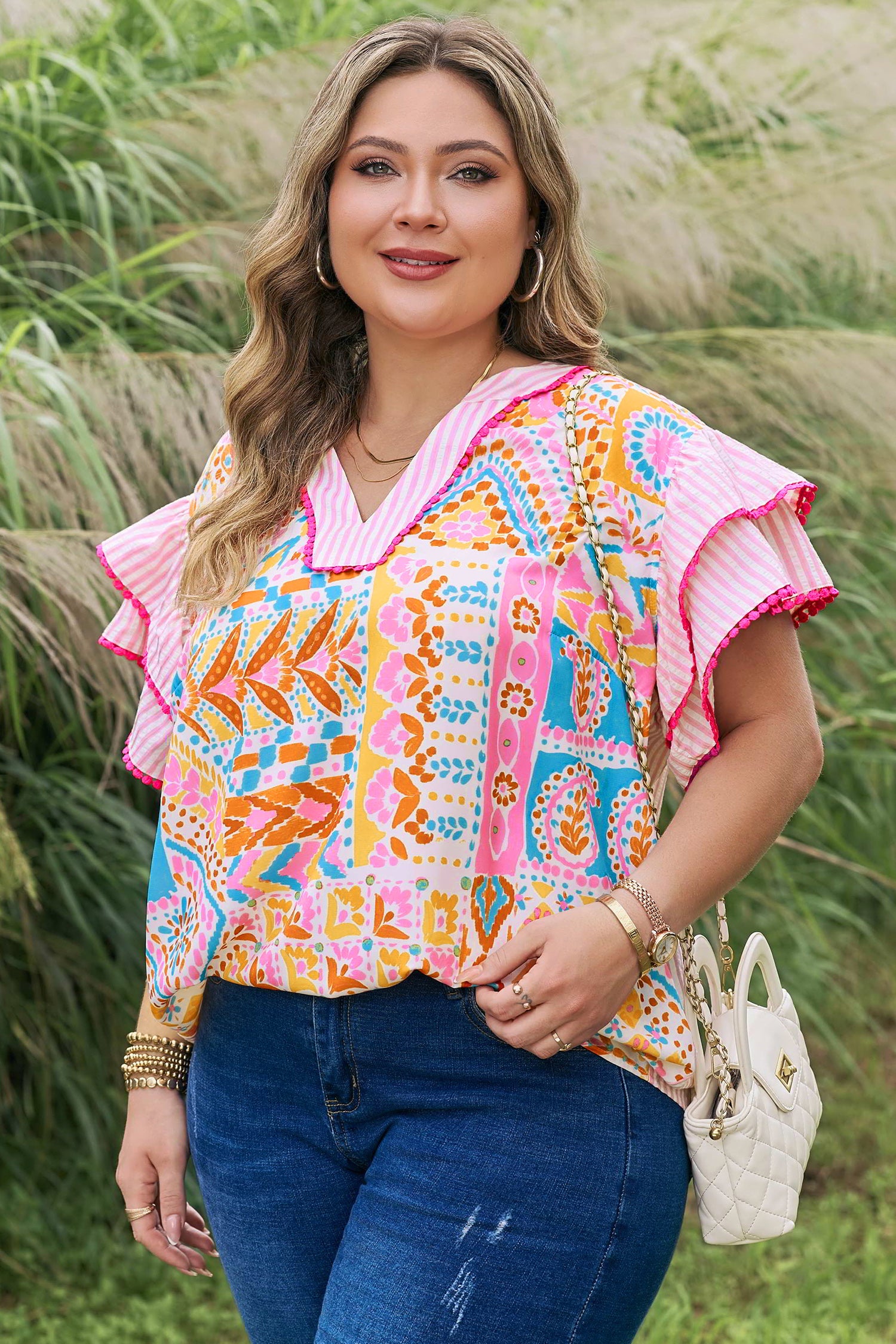Rose Plus Size Geometric Print Contrast Trim Striped V Neck Blouse