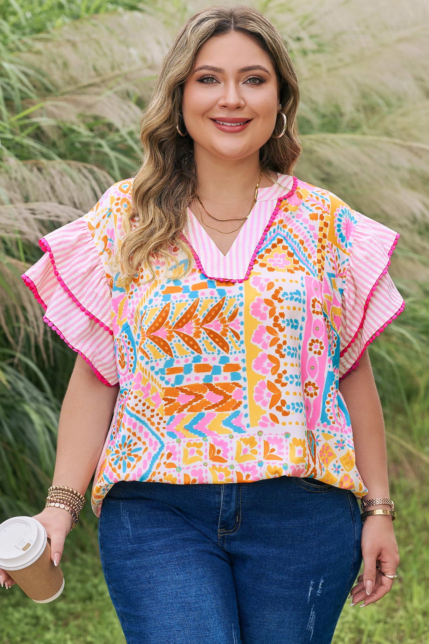 Rose Plus Size Geometric Print Contrast Trim Striped V Neck Blouse