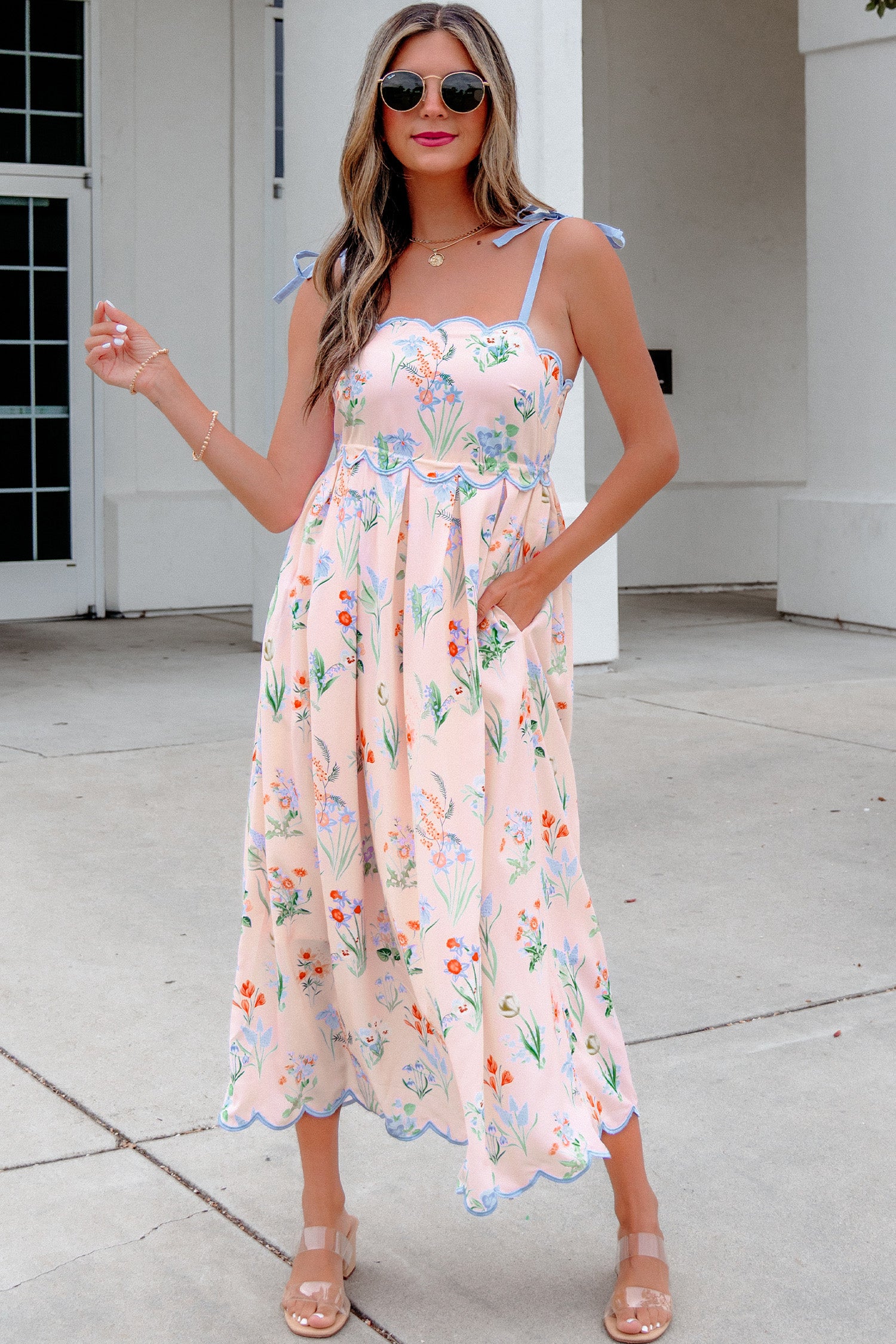 Pink Floral Print Contrast Trim Self-tie Straps High Waist Midi Dress