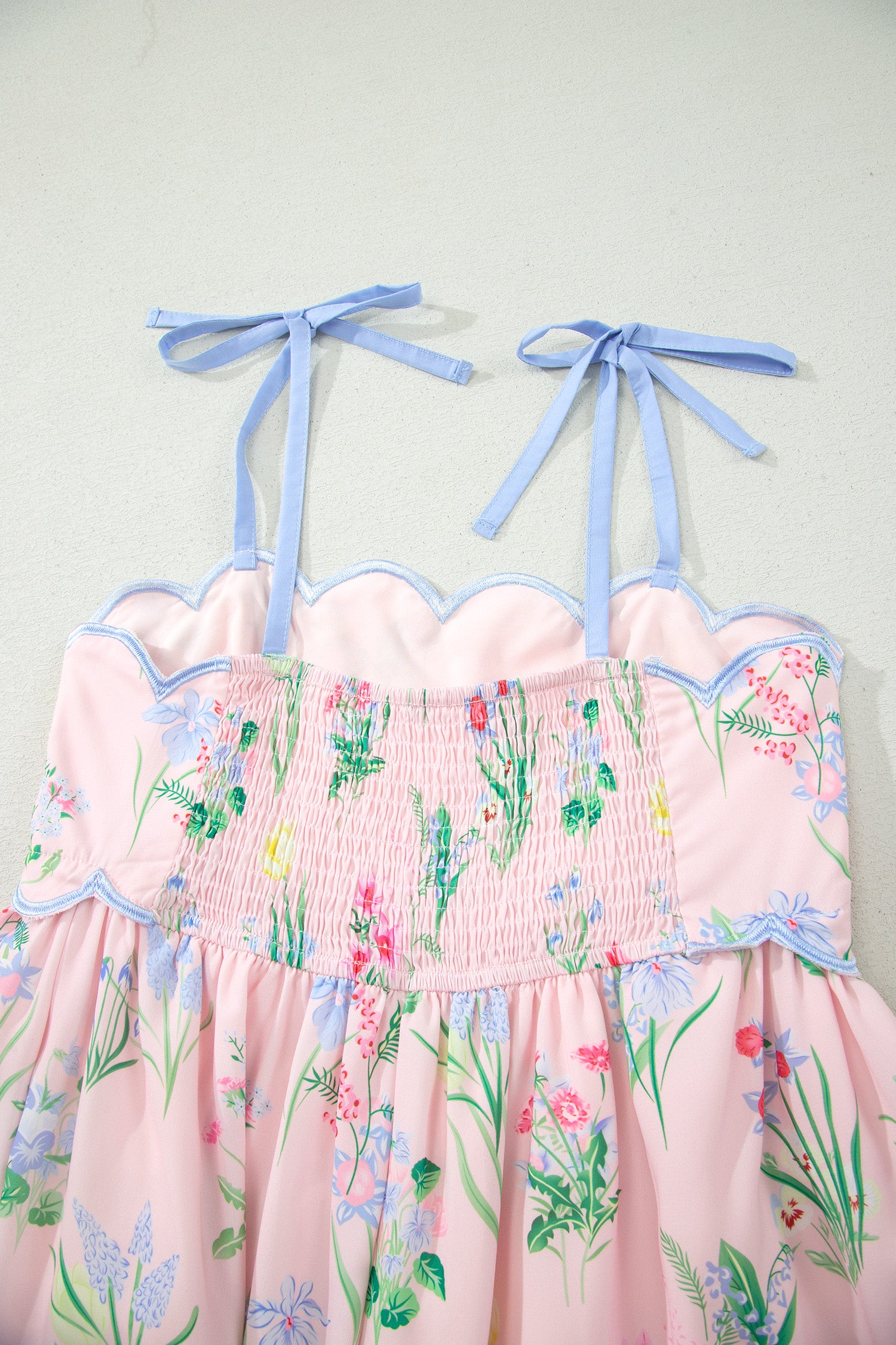 Pink Floral Print Contrast Trim Self-tie Straps High Waist Midi Dress