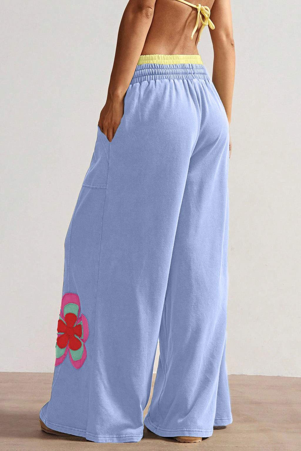 Sea Green Color Block Flower Patchwork Drawstring Contrasted Elastic Waist Wide Leg Pants