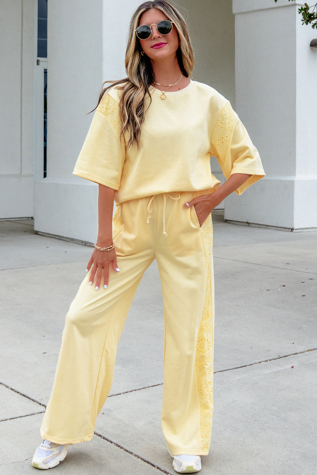 Yellow Cream Lace Patchwork Half Sleeve Top Elastic Waist Pants Two Piece Set