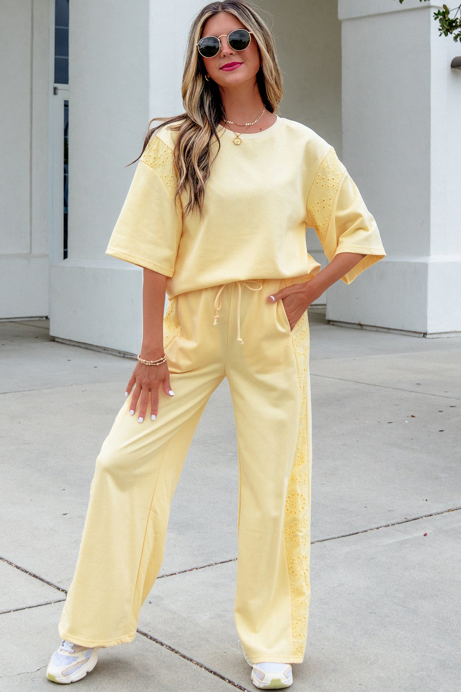 Yellow Cream Lace Patchwork Half Sleeve Top Elastic Waist Pants Two Piece Set
