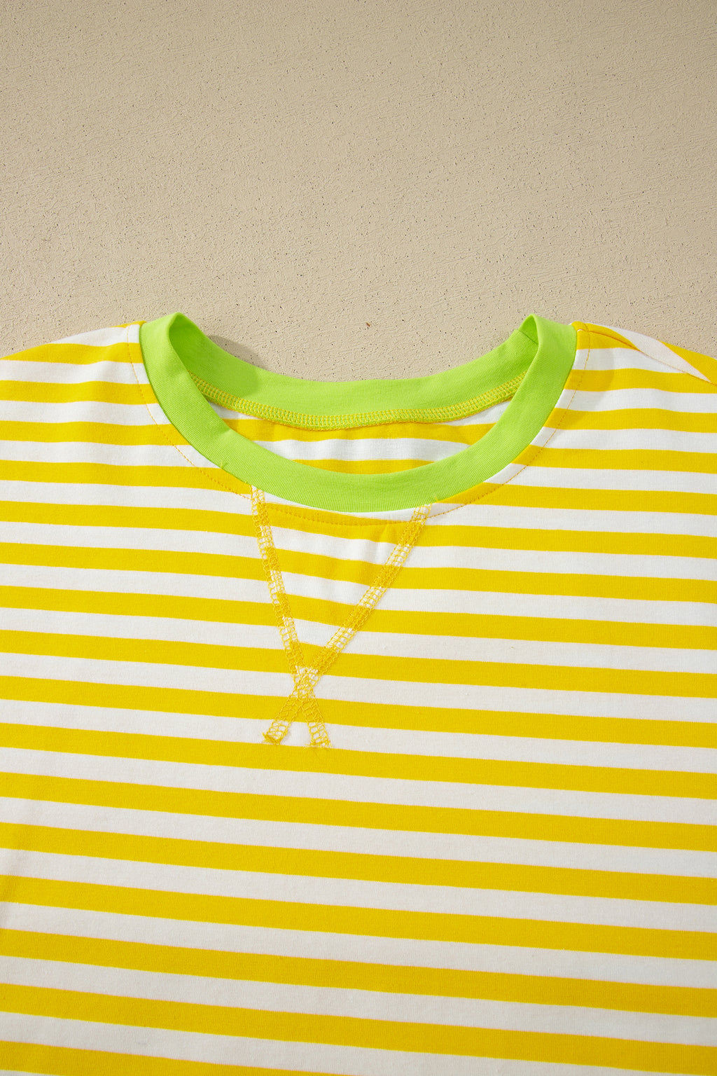 Yellow Stripe Contrast Neck Loose Tee and Drawstring Shorts Set