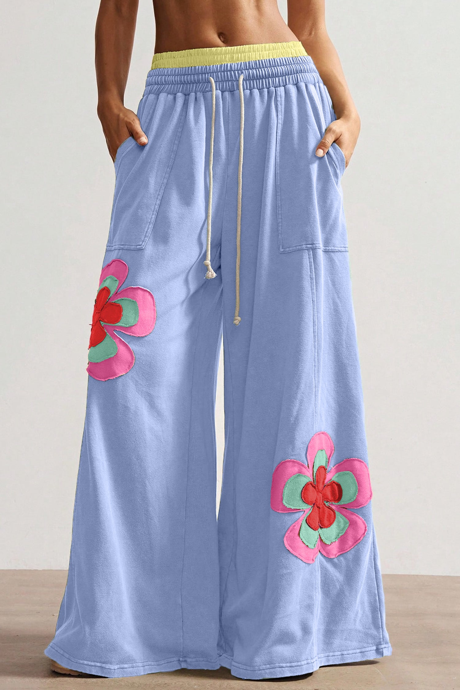 Sea Green Color Block Flower Patchwork Drawstring Contrasted Elastic Waist Wide Leg Pants