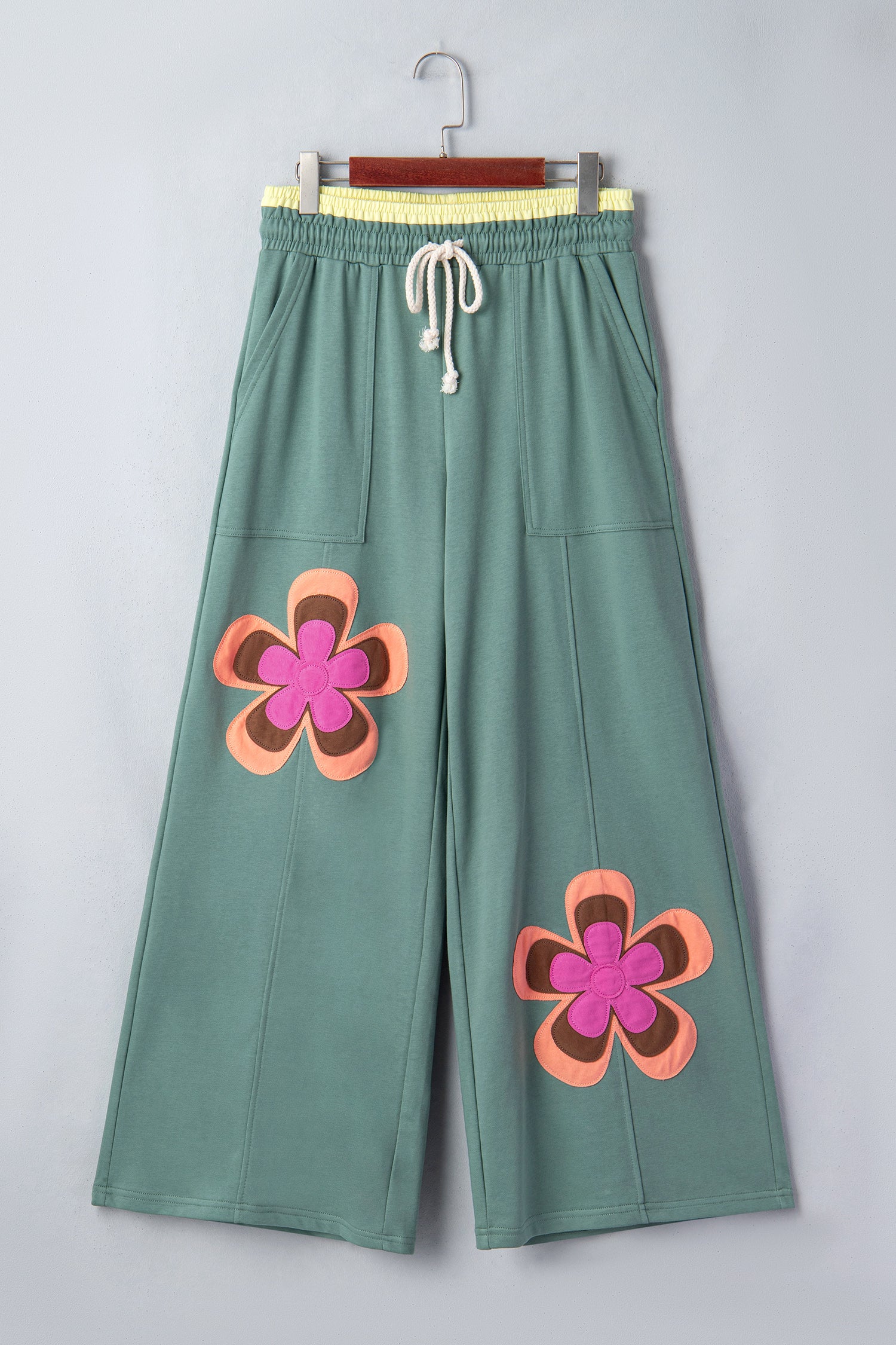 Sea Green Color Block Flower Patchwork Drawstring Contrasted Elastic Waist Wide Leg Pants