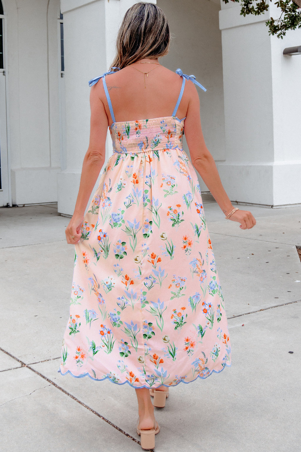 Pink Floral Print Contrast Trim Self-tie Straps High Waist Midi Dress