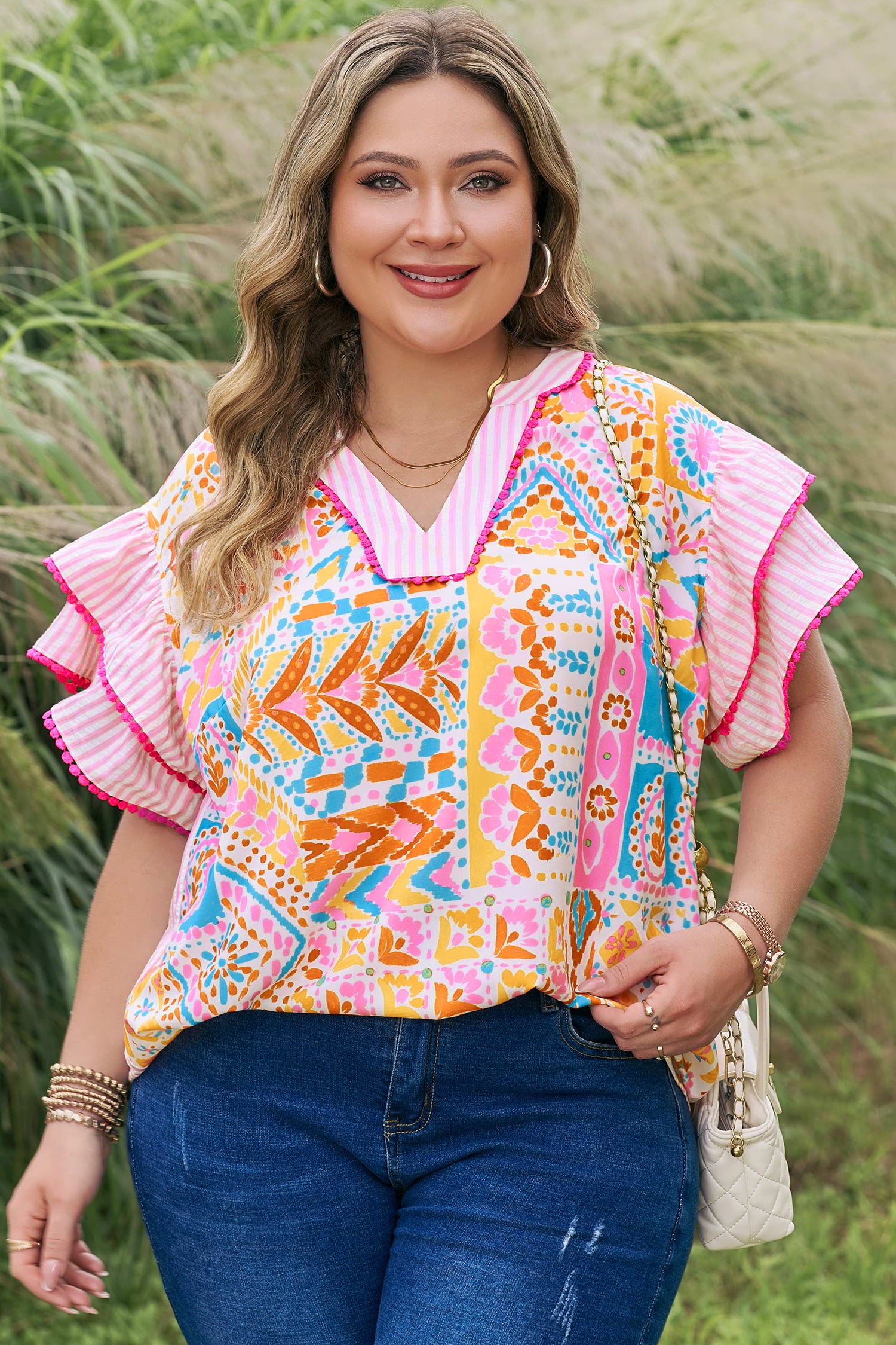 Rose Plus Size Geometric Print Contrast Trim Striped V Neck Blouse