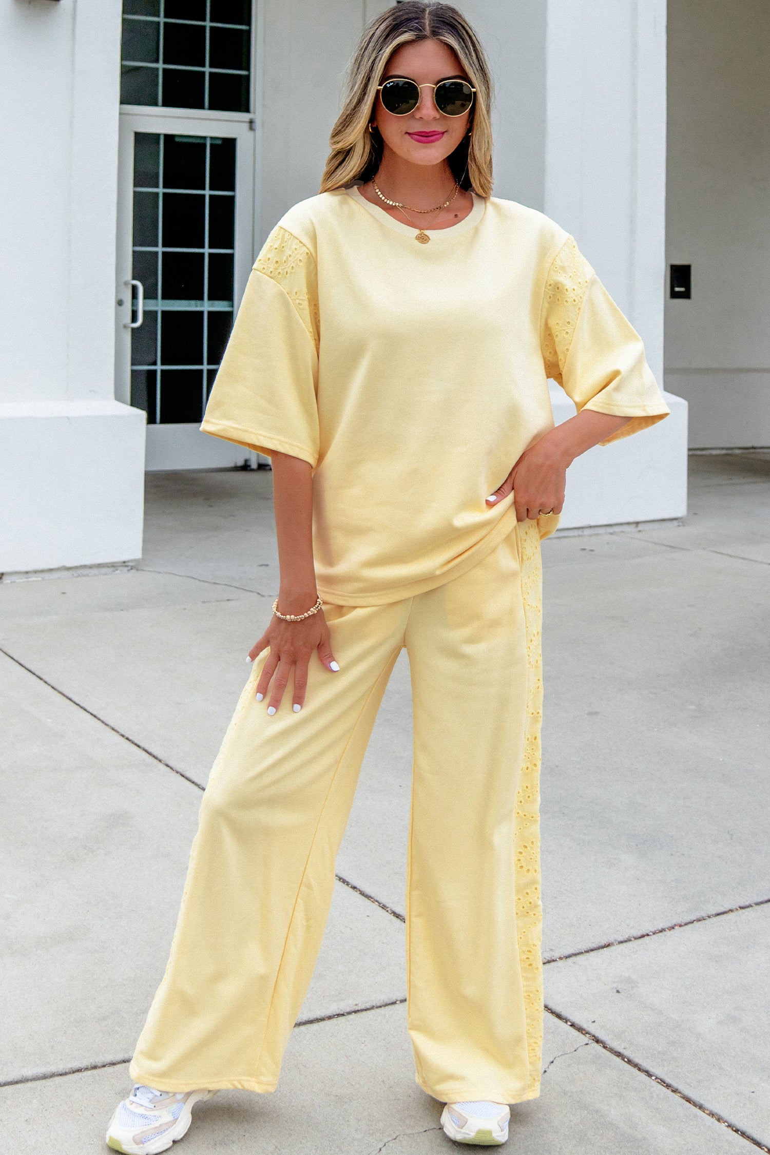 Yellow Cream Lace Patchwork Half Sleeve Top Elastic Waist Pants Two Piece Set