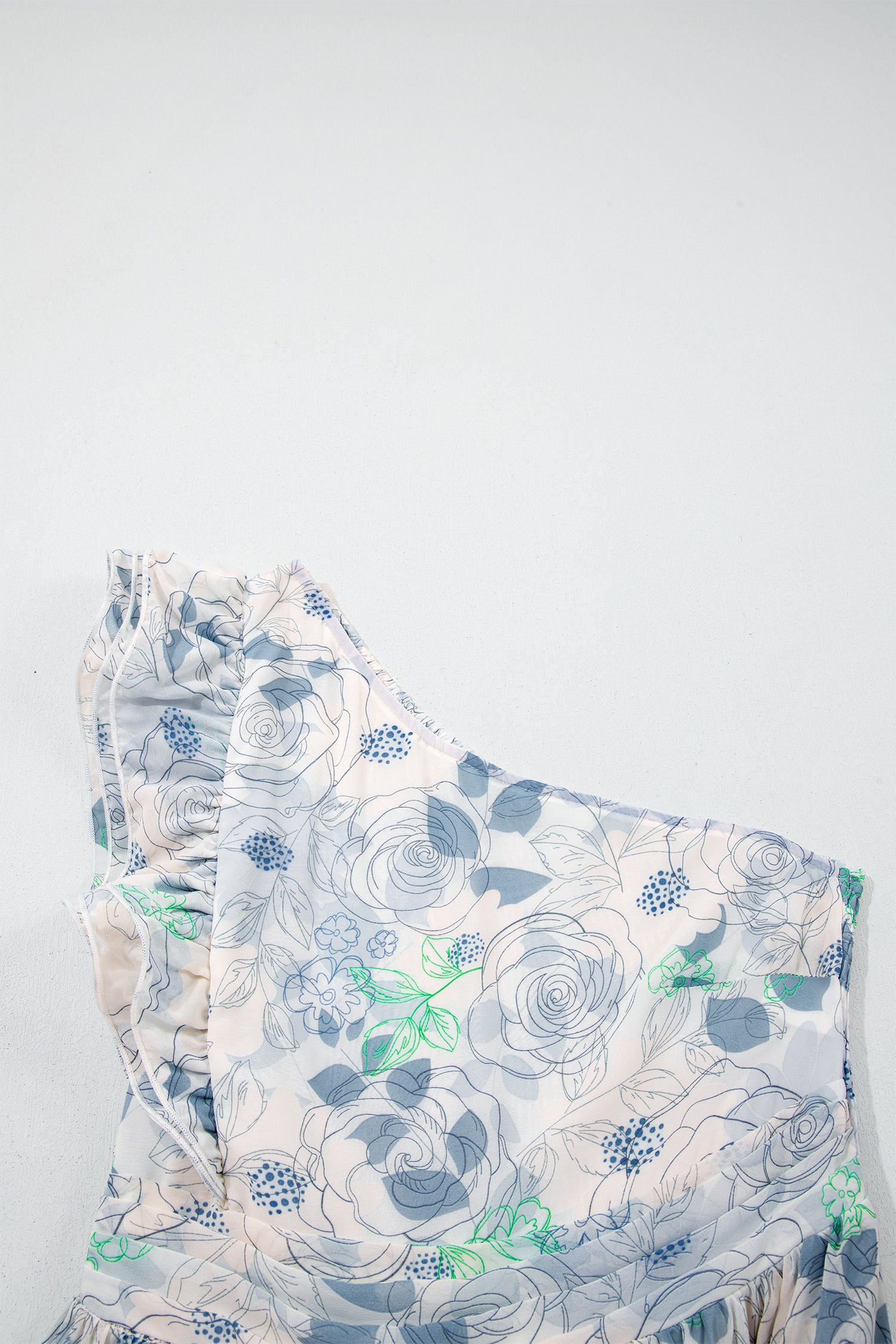 Sky Blue Floral Print Ruffled One Shoulder Vacation Maxi Dress
