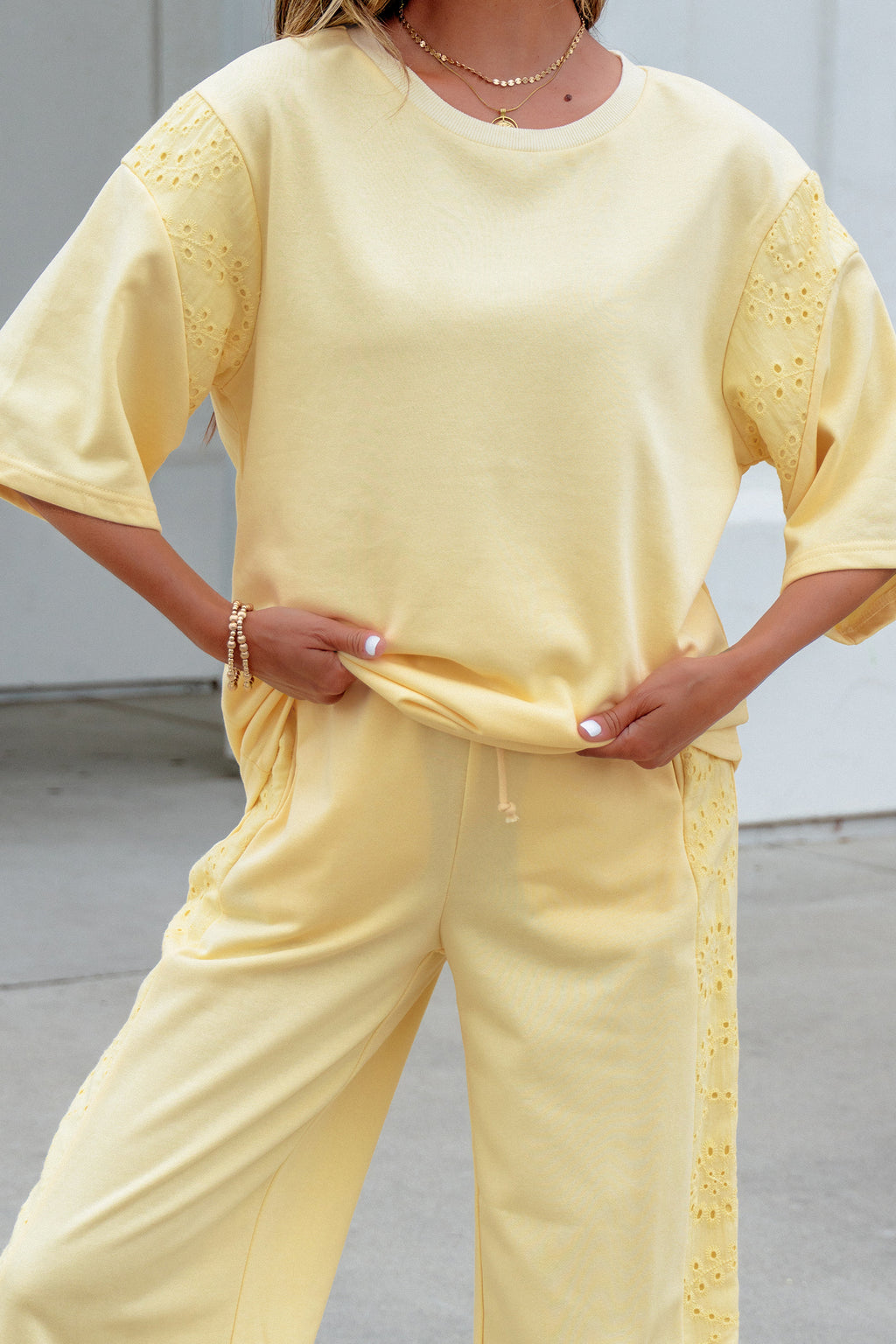 Yellow Cream Lace Patchwork Half Sleeve Top Elastic Waist Pants Two Piece Set
