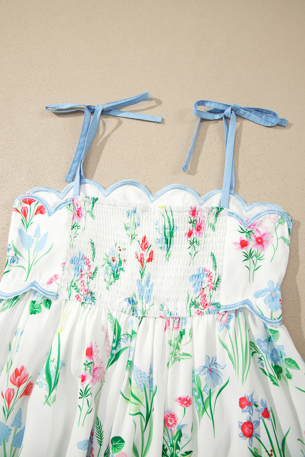 Beige Floral Print Contrast Trim Self-tie Straps High Waist Midi Dress